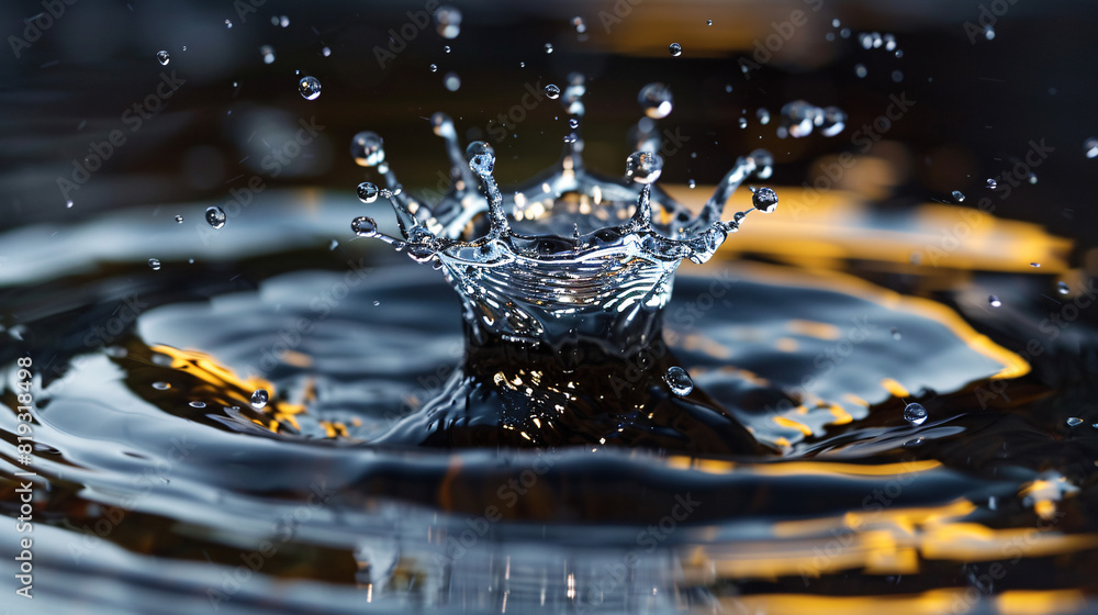 Poster water splash close-up. a dramatic close-up of a water droplet creating a splash with intricate patte