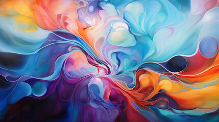 Swirling patterns of colorful paints cometogether, forming an enchanting and mesmerizing abstract masterpiece.