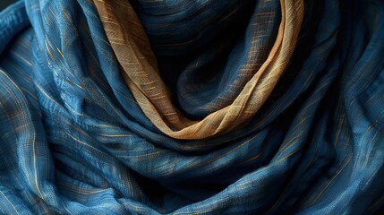 Obraz premium A blue and gold scarf with a yellow stripe at the bottom is shown in a close-up