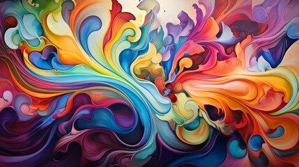 Swirling patterns of colorful paints cometogether, forming an enchanting and mesmerizing abstract masterpiece.