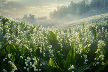 flowery field full of lily of the valley flowers in the early morning mist, unsharp forest in background, photorealistic // ai-generated 