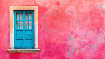 Fototapeta premium Blue window on pink wall. A vibrant blue window set in a weathered pink wall, creating a striking contrast of colors and textures...