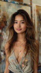 Fototapeta premium With a paintbrush in hand, she captured the essence of her Chubby Asian beauty on canvas, each stroke a homage to the strength and resilience of her heritage.