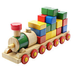 Vintage toy train model made of blocks Isolated on transparent background