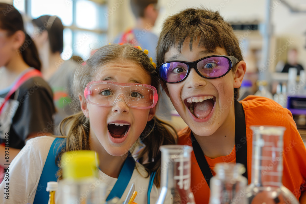 Poster excited kids attending a science fair, showcasing their projects and experiments on topics ranging f