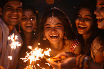 Fototapeta premium A group of Indian friends celebrating Diwali with sparklers and sweets, their laughter echoing through the night. Concept of cultural festivity and camaraderie. Generative Ai.