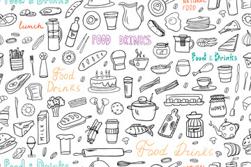 Seamless pattern of healthy food and fast food ingredients with lettering in doodle style. Hand drawn. Great for menu design, banners, sites, packaging. Vector illustration EPS10. 