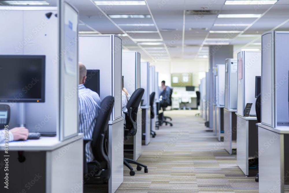 Poster A row of cubicles where workers diligently multitask, fielding phone calls, responding to emails, and attending virtual meetings. Concept of multitasking and time management. Generative Ai.