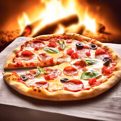 Pizza capricciosa homemade with fire in the oven, online delivery from pizzeria, take away and italian fast food, post-processed, generative ai
