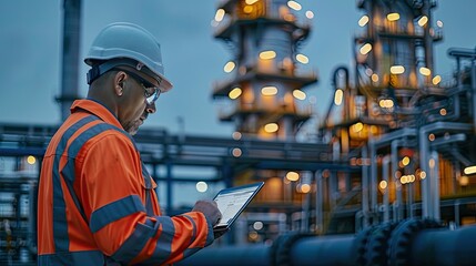 The diesel fuels sector, offshore oil industry, biodiesel fuels plant with engineers conducting safety inspections using tablet, and the oil transportation industry