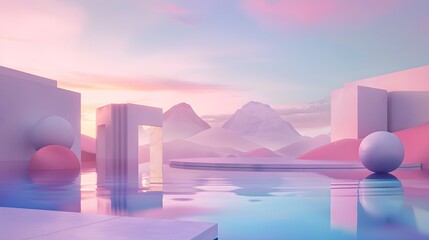 3d Render, Abstract Surreal pastel landscape background with architecture and geometric, beautiful...