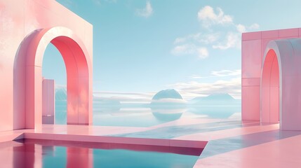3d Render, Abstract Surreal pastel landscape background with architecture and geometric, beautiful gradient sky scene, lake with clam water, minimal concept.