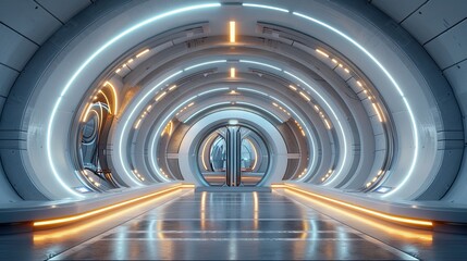 The futuristic tunnel is designed in a circular shape, with a glass window positioned on the left side, a metal door located in the center, and a row of lights illuminating the right side