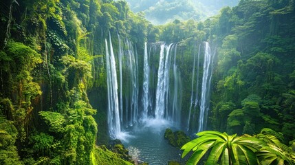 The lush tropical waterfall is enveloped by vibrant foliage and a diverse ecosystem, highlighting the significance of biodiversity conservation