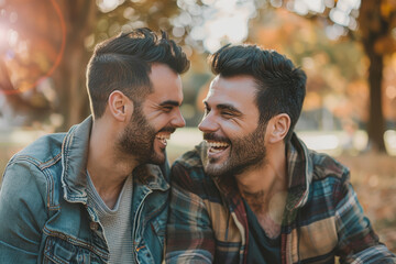 A pair of joyful gay men sharing a playful moment together, laughing and enjoying each other's company in a park on a sunny day. Concept of LGBTQ+ companionship and happiness. Generative Ai. - Powered by Adobe