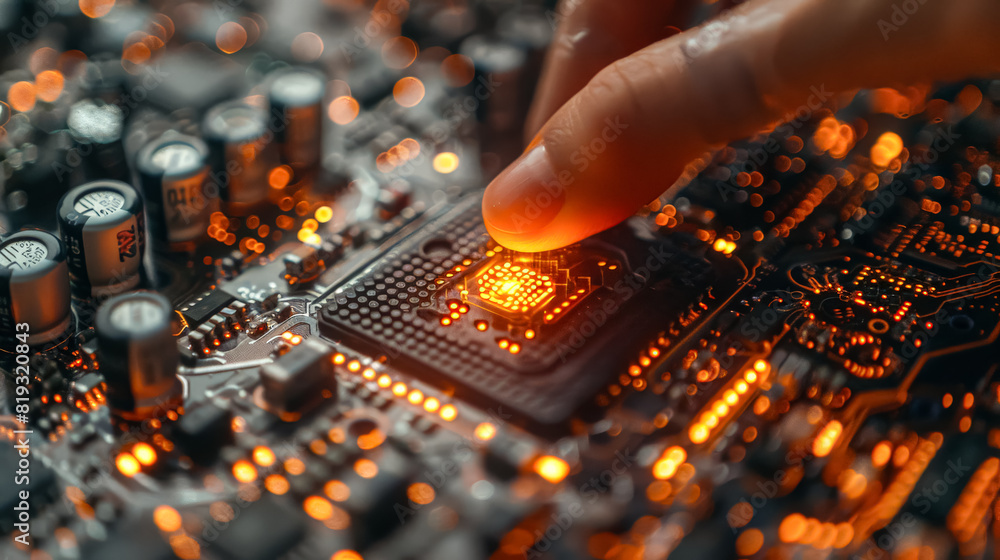 Poster a hand is touching a computer chip. the chip is glowing orange. concept of curiosity and fascination