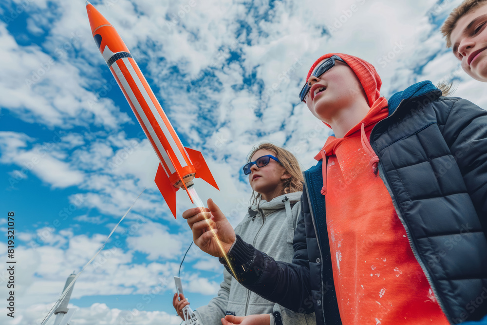 Poster excited students constructing model rockets and launching them into the sky, learning about aerodyna