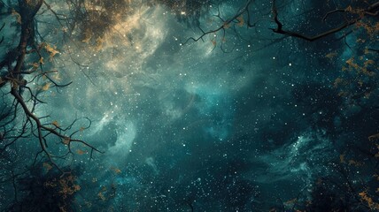 Enchanted dark forest with starry sky and golden leaves in twilight
