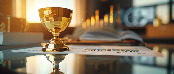 Golden trophy on a glass table with business documents and charts in the background, an award concept for success in b2b marketing or sales website banner or hero section. Wide angle lens shot. Shot i - Powered by Adobe