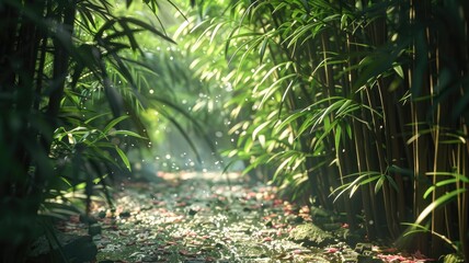 Sunlit bamboo forest path with lush greenery and soft light