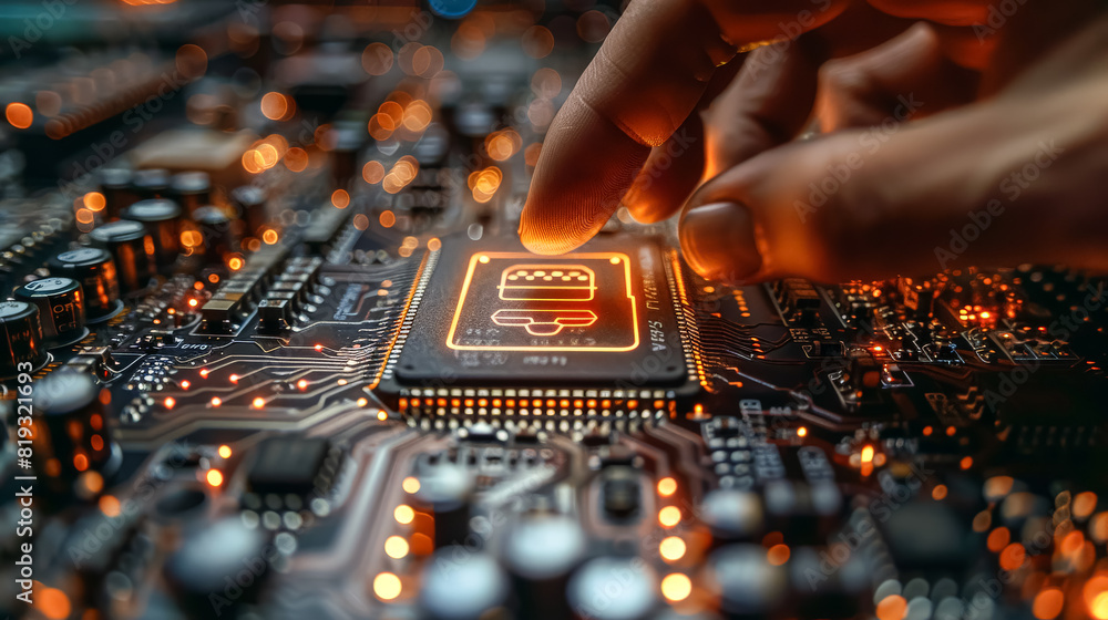 Poster a hand is touching a computer chip. the chip is glowing orange. concept of curiosity and fascination
