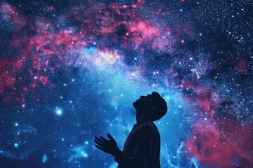 Silhouette of man in worship against composite image of starry sky. Worship