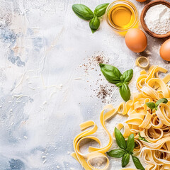 Pasta recipe preparation flatlay background with ingredients, spaghetti, olive oil, garlic, tomatoes and spices in the kitchen, homemade food recipe idea