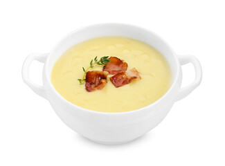 Tasty potato soup with bacon and rosemary in bowl isolated on white