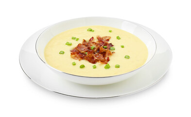 Tasty potato soup with bacon and green onion in bowl isolated on white