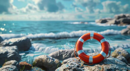 Naklejka premium Life Preserver on Rock in Ocean