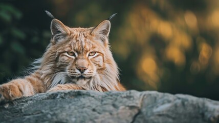Fototapeta premium Majestic lynx resting on rock, with lush forest background