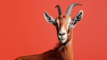Brown goat with curved horns on red background