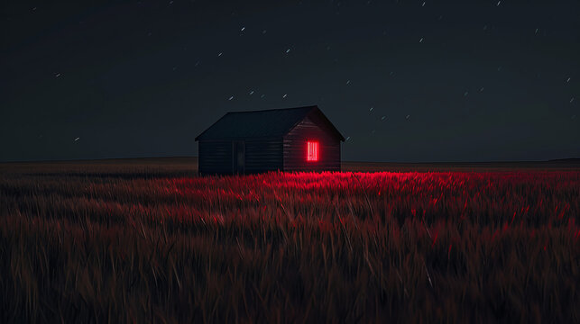 isolated small wooden house with red light in the middle of nowhere, scary, creepy vibes, crime scene