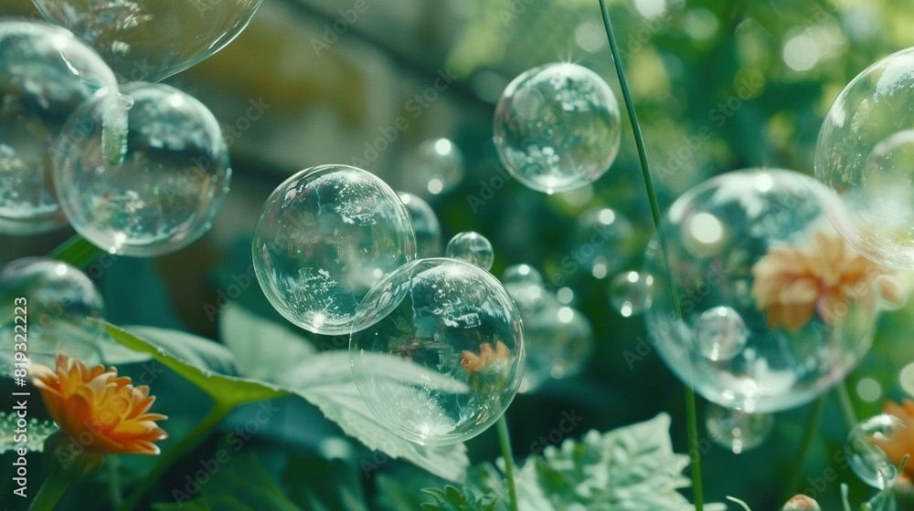 Poster   A lush green field with soap bubbles on top and an orange flower nearby