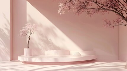 Abstract minimal interior for cosmetic object placement, product display background with tree branch, 3d rendering scene

