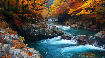 秋の渓谷 川 紅葉
