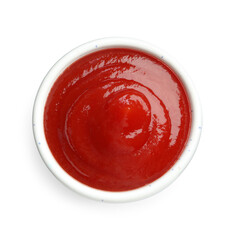 Tasty ketchup in bowl isolated on white, top view. Tomato sauce