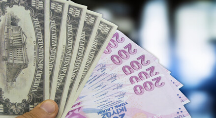 Turkish Lira Banknotes And American U.S. Dollar Bills