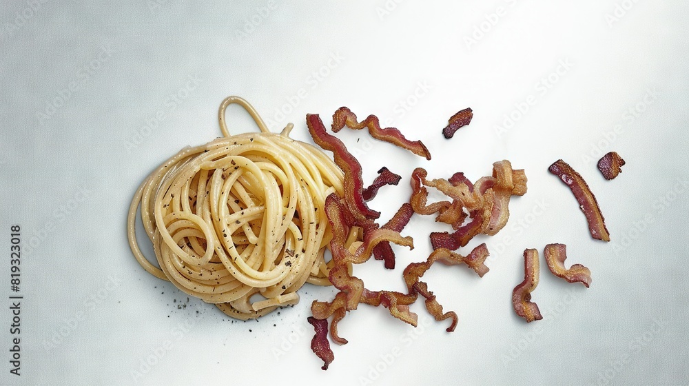 Poster bacon on white table; noodles on adjacent table