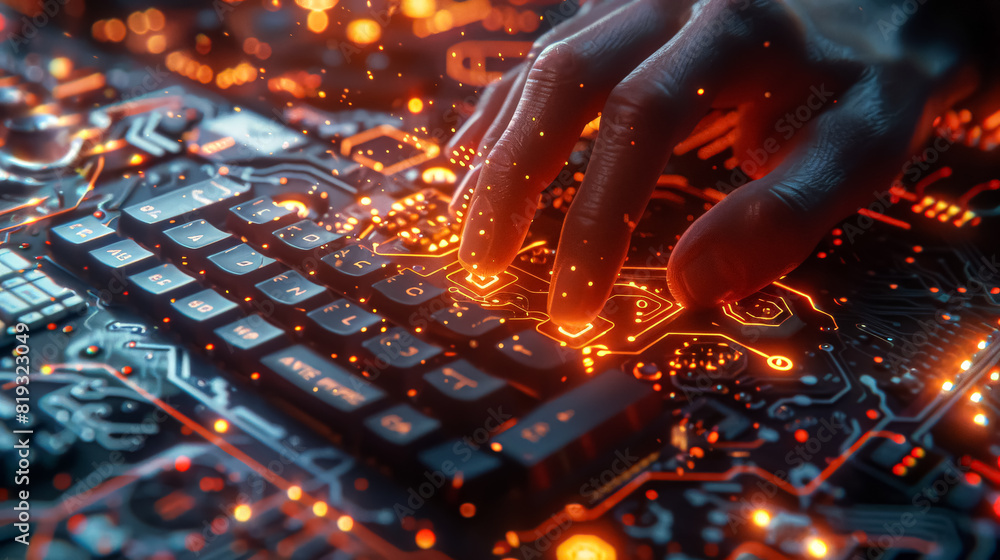 Poster a hand is typing on a keyboard with a glowing effect. concept of technology and innovation, as well 