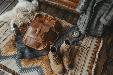 Flat lay of hiking essentials including a leather backpack, boots, flannel shirt, compass, and thermos on a patterned blanket, capturing a rustic adventure vibe