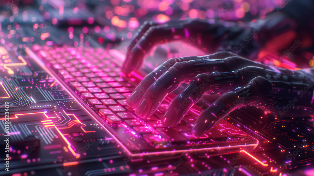 Poster a robotic hand is typing on a keyboard with a pink background. the image conveys a futuristic and te