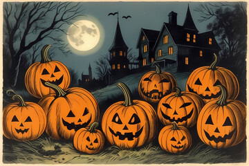 Explore a spooky illustration featuring Jack-O-Lanterns and an eerie old house, shrouded in mystery under the Halloween moon