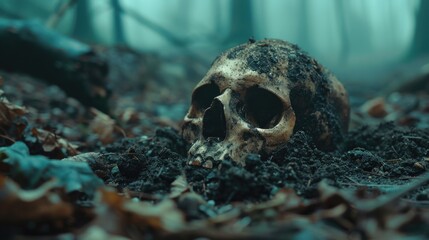 Skull in a dirt shallow grave. Misty dark horror forest