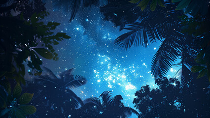 Starry Night Oasis: Galaxy View Amidst Palm Leaves