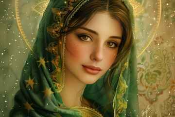 people of ai // beautiful young woman, wearing a green veil with golden stars on it and a kind smile, photorealistic // ai-generated 