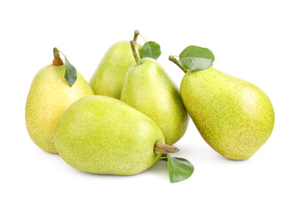 Many ripe pears with leaves on white background