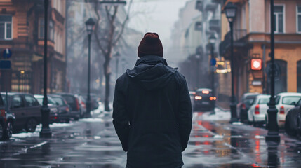 Man standing in a foggy city street. A solitary figure facing away, standing on a foggy urban street, capturing a moment of contemplation and solitude..
