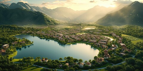 3d render of a residential area with a lake