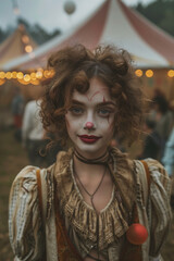 people of ai // portrait of circus girl with curly hair and blue eyes wearing a clown costume at a medieval fair, vintage circus tent in background, photorealistic // ai-generated 